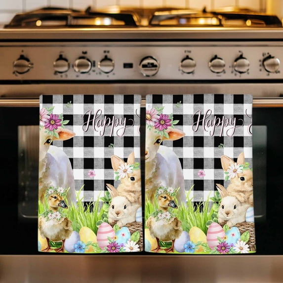 Easter Kitchen Towels Set of 4, Spring Rabbit Sheep Duck Eggs Plants Black Plaid Absorbent Dish Towels for Kitchen, Microfiber Hand Towel, Quick Drying Tea Towel for Cleaning Decorative Dishcloths