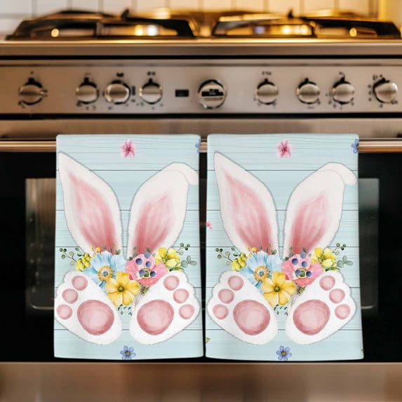 Easter Kitchen Towels Set of 4, Spring Rabbits Ears Feet Flowers Wooden Grain Absorbent Dish Towels for Kitchen, Microfiber Hand Towel, Quick Drying Tea Towel for Cleaning Decorative Dishcloths