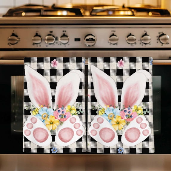 Easter Kitchen Towels Set of 4, Spring Rabbits Ears Feet Wildflowers Black Plaid Absorbent Dish Towels for Kitchen, Microfiber Hand Towel, Quick Drying Tea Towel for Cleaning Decorative Dishcloths
