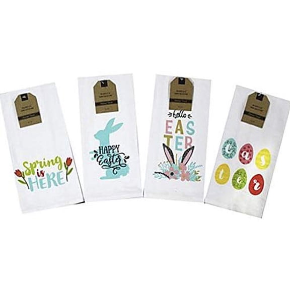 Easter Kitchen Towels Set of 4 - Spring Towels, Colorful Flour Sack Kitchen Towels with Easter Bunny, Easter Eggs and Colorful Easter Basket Designs - Comes in Organza Gift Bag