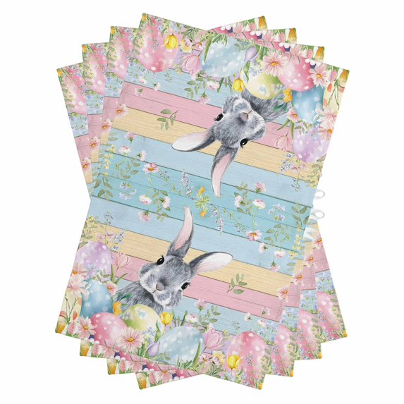 Easter Kitchen Towels Set of 4, Water Absorbent Dish Towel, Spring Bunny Eggs Flowers Colorful Wooden Grain Decorative Hand Towels - Quick Drying Cloth for Cooking Baking, 18x28 Inch