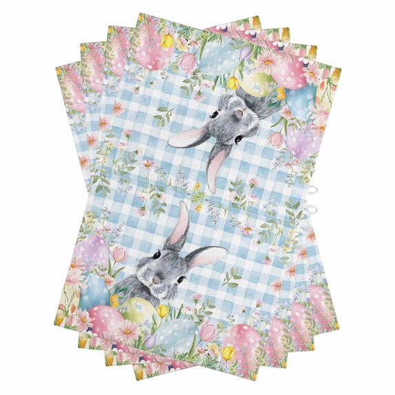 Easter Kitchen Towels Set of 4, Water Absorbent Dish Towel, Spring Rabbit Eggs Flowers Herbs Blue Plaid Decorative Hand Towels - Quick Drying Cloth for Cooking Baking, 18x28 Inch