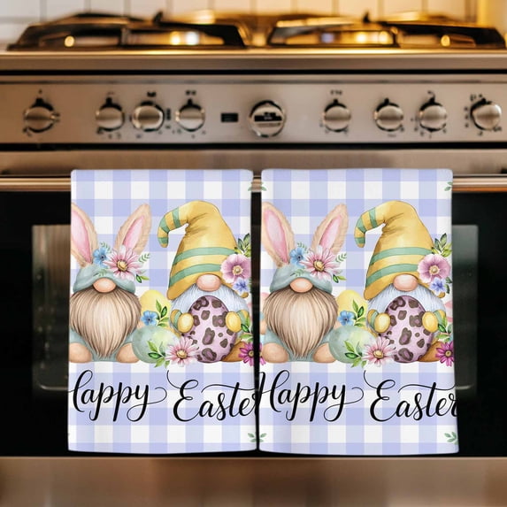 Easter Kitchen Towels Set of 4, Watercolor Gnomes Eggs Daisy Flower Light Purple Plaid Absorbent Dish Towels for Kitchen, Microfiber Hand Towel, Quick Drying Tea Towel for Cleaning Dishcloths