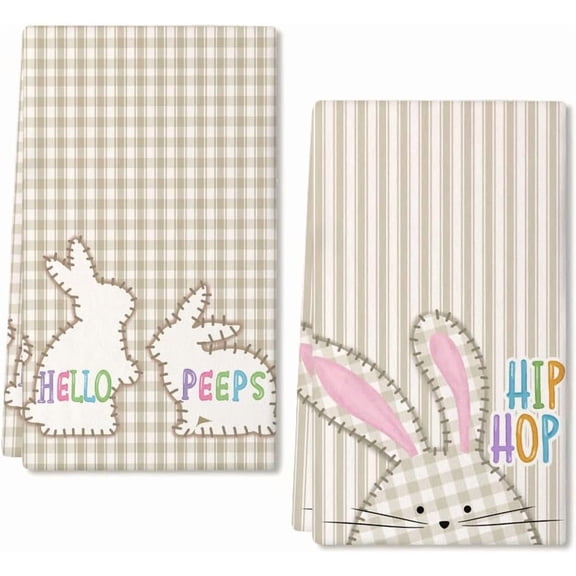 Easter Kitchen Towels Set of 2,Beige Bunny Hello Peeps Dish Towels 18x26 Inch Drying Dishcloth,Farmhouse Holiday Seasonal Spring Decorations