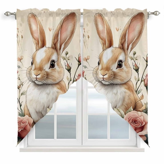 Easter Kitchen Window Curtains, Swag Curtains Valance for Bedroom Living Room Bathroom, Cute Bunny Flower Spring Rose Floral Vintage Rod Pocket Window Treatment Curtain Block Drapes 2 Panels 28"x36"