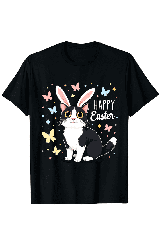 Easter Kitten Rabbit Ear Costume Starry Night Butterflies Short Sleeve T-Shirt for Women Men Animal Lover Holiday Fashion