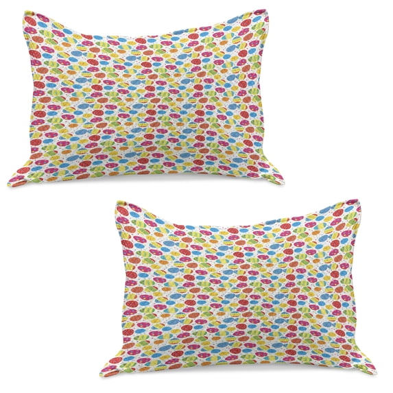 Easter Knitted Quilt Pillowcover Set of 2, Cartoon Style Chicken and Colorful Eggs with Little Daisy Blossoms and Zigzag, Standard Queen Pillow Sham Bedroom, 30" x 20", Multicolor, by Ambesonne