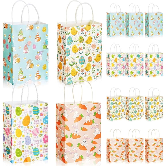 Easter Kraft Paper Gift Bags Bulk, Reusable Colorful Candy Goodie Bags with Handles, Eggs and Bunny Patterns for Presents Party Favor Supplies Decoration