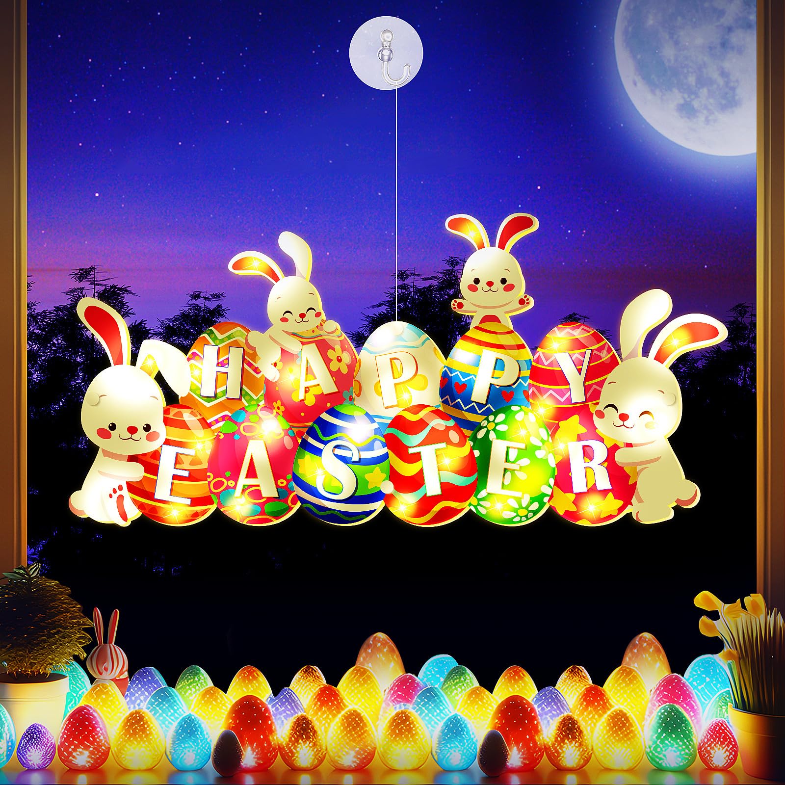 Easter LED Lighted Window Decoration Happy Easter Bunny Window Lights ...