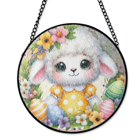 Easter Lamb Religious Suncatcher Faux Stained Glass UV Printed Christian Holiday Round