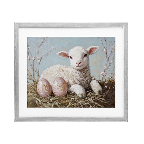 Stupell Industries Easter Lamb and Eggs Gray Framed Print Under Glass, design by Petal Prints Design