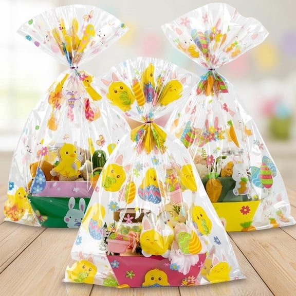 Easter Large Cellophane Gift Basket Bags Bulk, Easter Bunny Eggs Chick Gift Wrap Jumbo Holiday Plastic Goody Bags with Twist Ties for Present Crafts Party Favors