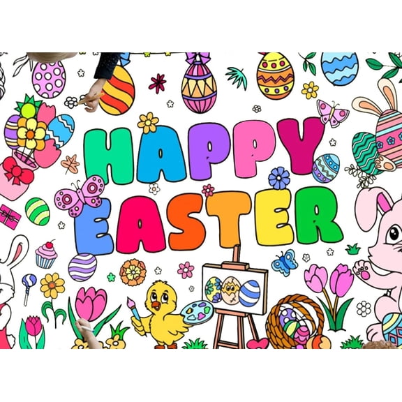 Easter Large Coloring Poster, 30 x 72 Inches - Happy Easter Coloring Paper Tablecloth & Party Activity Poster for Home & Classroom Parties