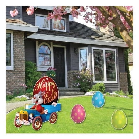 Easter Lawn Decoration - Easter Bunny in Vintage Car with 3 Easter Eggs (9 stakes included)