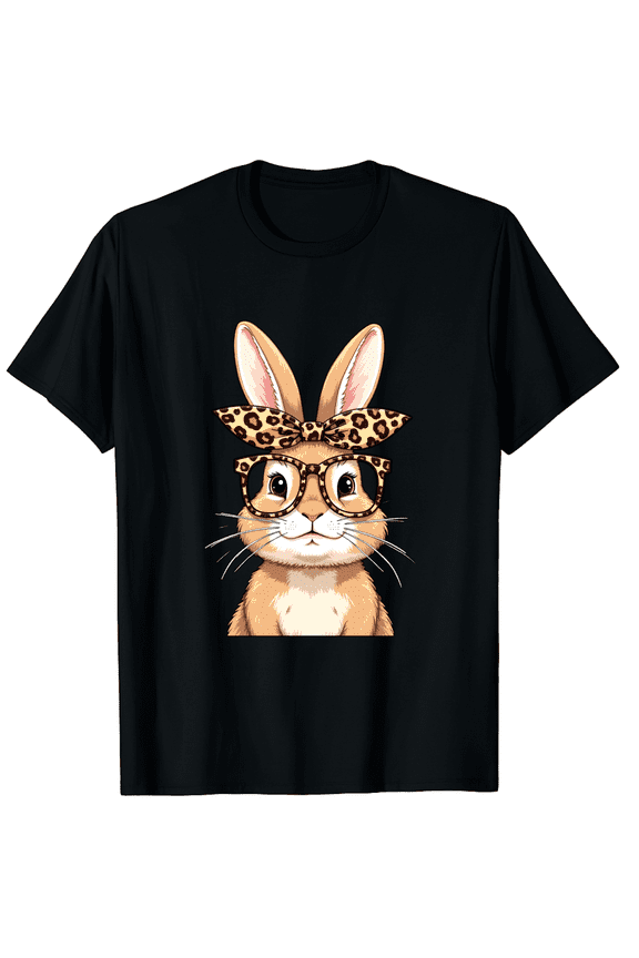 Easter Leopard Print Bunny Bow Glasses Short Sleeve T-Shirt for Women Men Daily Holiday Gift