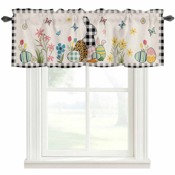 Easter Leopard Valances for Windows Print Eggs Buffalo Plaid Rabbit Retro Texture Rod Pocket Curtain Valance Window Treatment Short Curtains for Kitchen Living Room, 60"x18"