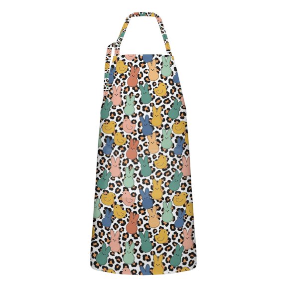 Easter and Leopard White Pattern Apron with Pockets, Cotton Linen Waterproof Adjustable Apron for Women, Kitchen Cooking Gardening BBQ Salon Apron, 33x27 Inch