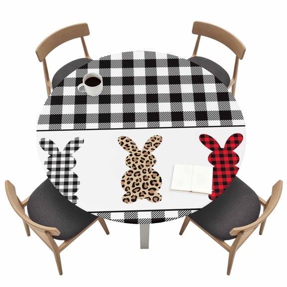 Easter Leopards Rabbits Round Fitted Tablecloth with Elastic Edge Buffalo Plaid Black Geeks Table Cover Fit for 36"-44" Tables Waterproof Tablecloths for Dinner Camping Picnic