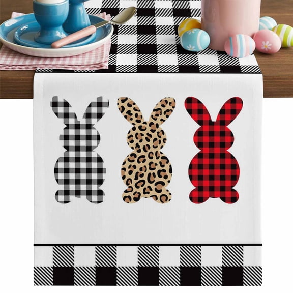 Easter Leopards Rabbits Table Runner, Buffalo Plaid Black Geeks Cotton Linen Kitchen Table Decoration Washable Dining Tabletop Runners for Home Party Decor 13x36 Inches