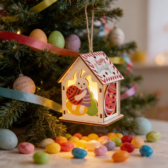Easter Light-Up Wooden House Decoration with Bunny & Colored Eggs, LED Hanging Ornament for Spring Vacation Home Party, Easter Tree, Door & Table Decor