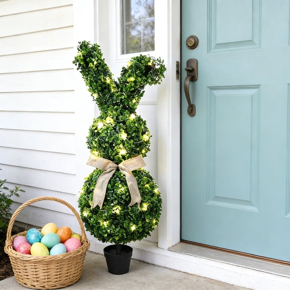 Easter Lighted Bunny Topiary Outdoor Decorations, 35.4 in Artificial Bunny-Shaped Tree Faux Boxwood Plant with String Lights for Garden Home Indoor Porch Decor
