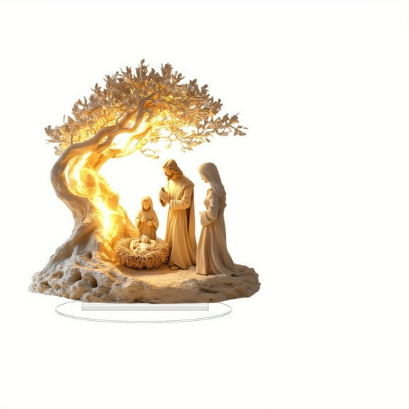 Easter Lighted Nativity Scene - Holy Family & Tree, Religious Holiday Home Office Decor