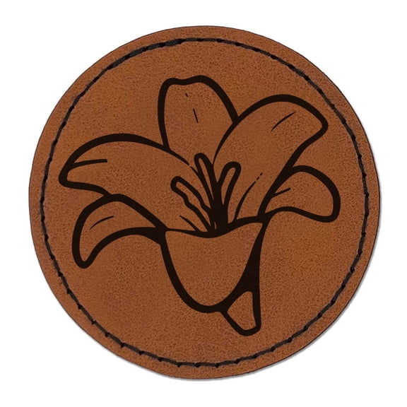 Easter Lily Beautiful Flower Round Iron-On Engraved Faux Leather Patch Applique - 2.5 Inch - Brown
