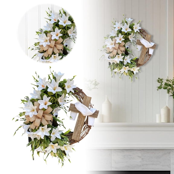 Easter Lily Cross Wreath for Front Door Artificial Spring White Lily Rustic Twig Wreath with Burlap Bow Year Round Religious Decor for Home, , Wedding & Holiday Celebrations