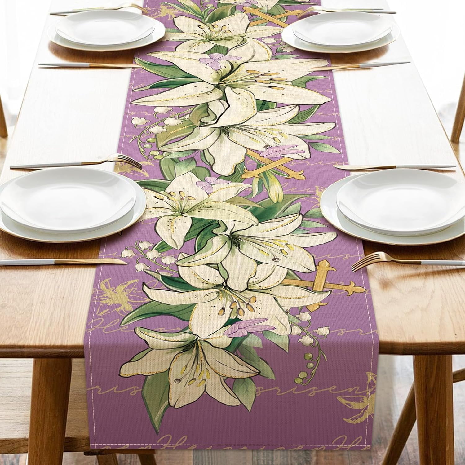 Easter Lily Flower Christian Table Runner, Religious Cross Floral ...