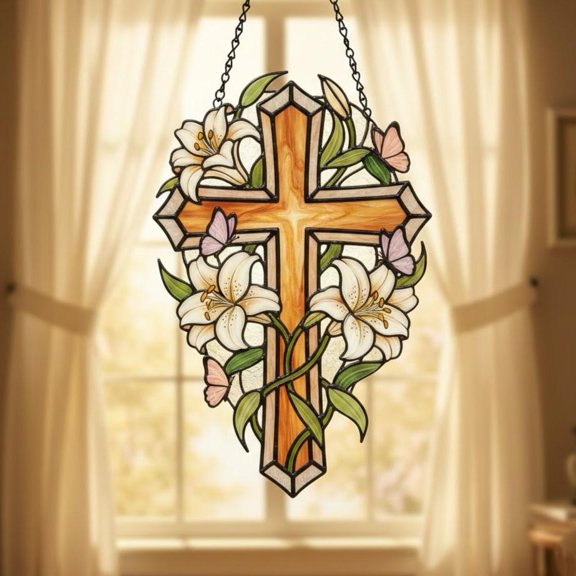 Easter Lily Texture Cross Acrylic Suncatcher Religious Floral Home Decor Window Hanging Christian Faith Gift