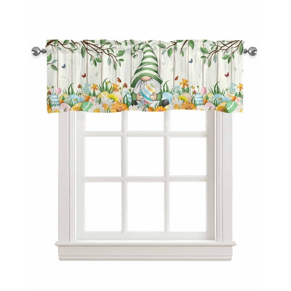 Easter Linen Curtain Valance for Bedroom/Bathroom/Kitchen/Office/Living/Dining Room Window,Eucalyptus Leaves Gnomes Easter Egg Woodgrain Rod Pocket Topper Decorative Cafe Drapes Panel 42"x18"