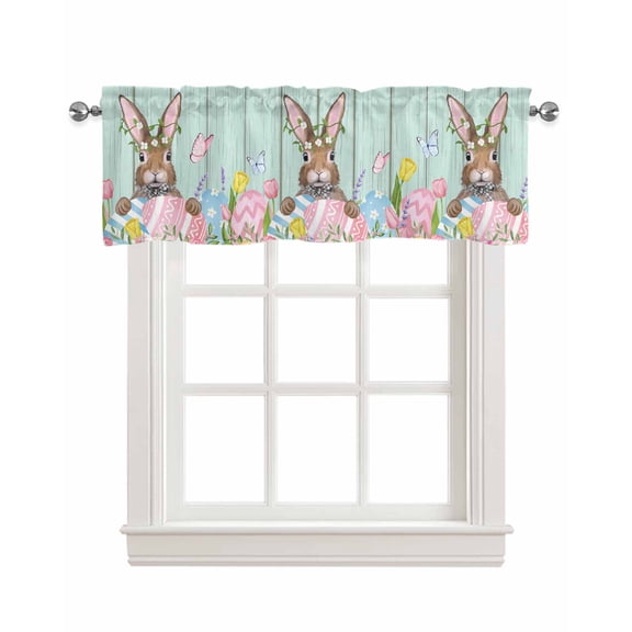Easter Linen Curtain Valance for Bedroom/Bathroom/Kitchen/Office/Living/Dining Room Windows,Spring Bunny Easter Egg Flower Aqua Wood Grain Rod Pocket Topper Drapes Decorative Cafe Drapery Panel 42x12