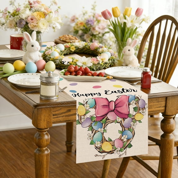 Easter Linen Table Runner and Placemat Set, Heat Insulation Table Cloth for Kitchen Dining Table, Decorative Table Linen for Easter Party Family Gathering and Holiday Meals, 12.99*70.87in, F