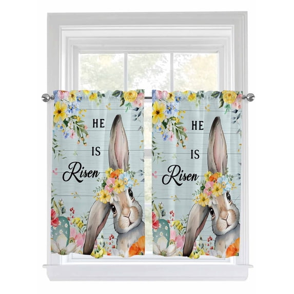 Easter Living Room Curtains 2 Panel, Spring Farmhouse Bunny Flower Teal Wood Grain Cafe Window Treatment, Farmhouse Bedroom Bathroom Kitchen Curtains Drapes 104"x45"