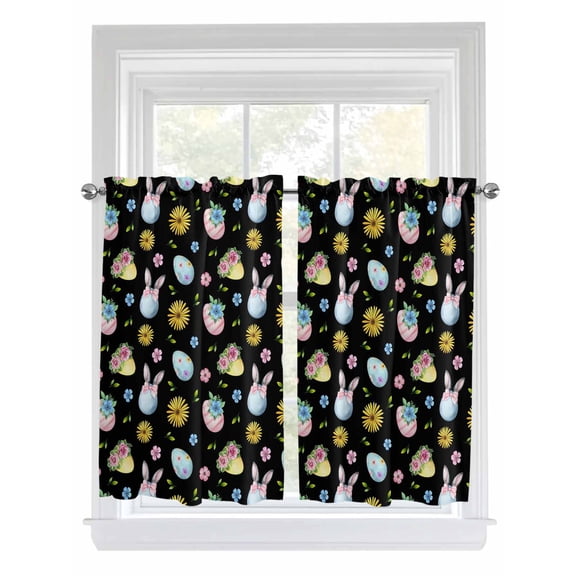 Easter Living Room Curtains 2 Panel, Spring Watercolor Bunny Eggs Flowers Black Cafe Window Treatment, Farmhouse Bedroom Bathroom Kitchen Curtains Drapes 104"x45"