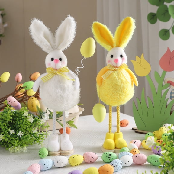 Easter Long Legs Bunny Ornaments 10inch Spring Plush Stuffed Bunny Shelf Sitters Figurine with Dangling Legs, Holding Easter Eggs Flower for Home Tiered Tray Tabletop Decor