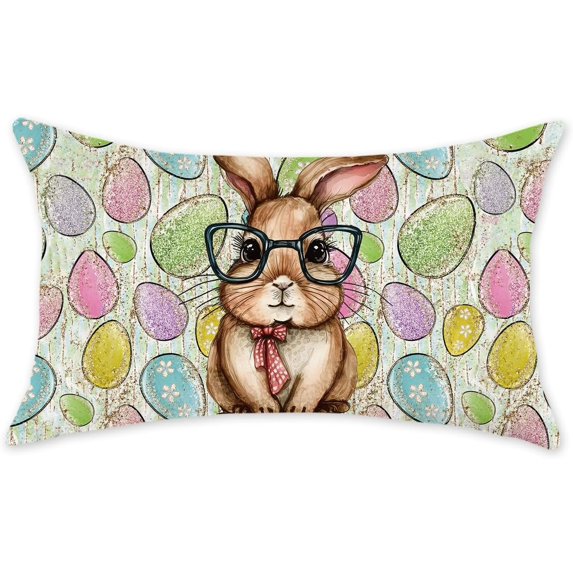 Easter Lumbar Pillow Cover 12x20 Inch Rabbit Colorful Eggs Decorations Pillows Farmhouse Happy Easter Glasses Rabbits Decor Cushion Case for Sofa Couch Home
