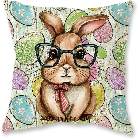 Easter Lumbar Pillow Cover 12x20 Inch Rabbit Colorful Eggs Decorations Pillows Farmhouse Happy Easter Glasses Rabbits Decor Cushion Case for Sofa Couch Home