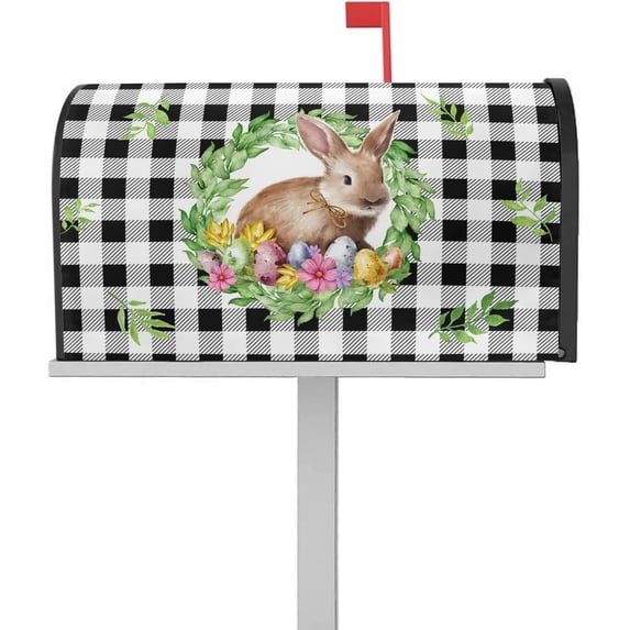 Easter Magnetic Mailbox Covers Standard Size 21x25 Inch, Easter Bunny Rabbit Eggs Buffalo Check Plaid Mailbox Wraps Mailbox Post Cover Seasonal Spring Holiday Mailbox Decor for Outside Garden Yard