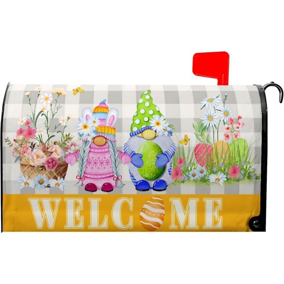 Easter Mailbox Cover Magnetic Spring Gnomes Mailbox Covers Welcome Mailbox Covers Standard Size 21x18 Inch Daisy Post Letter Box Cover for Yard Farmhouse Decor Gray Plaid Easter Egg