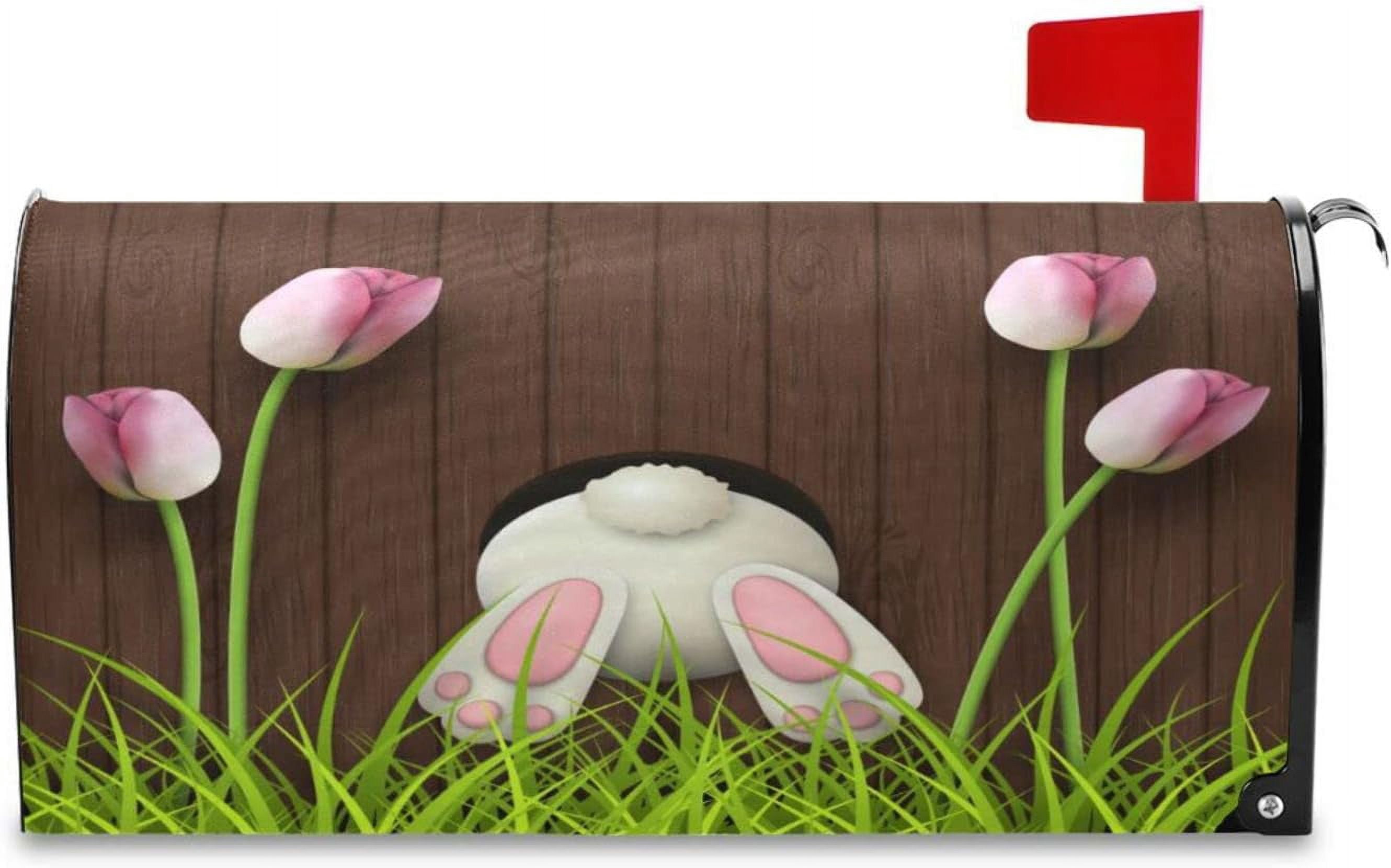 Easter Mailbox Covers, Easter Bunny Pink Tulips Mailbox Covers Oxford Cloth Post Box Cover with Magnetic Strip for Garden Yard Decor