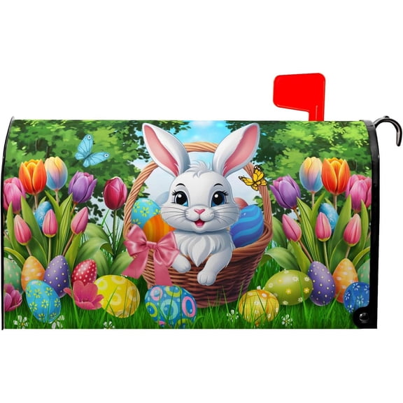 Easter Mailbox Covers Magnetic Rabbit Mailbox Cover Spring Colorful Tulips Post Letter Box Cover Outdoor Garden Holiday Decoration 21x18 in Eggs