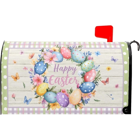 Easter Mailbox Covers Magnetic Standard Size 21" X 18" Happy Easter Egg Wreath Magnetic Mailbox Cover Holiday Wraps Post Letter Box Cover Outdoor Decorations for Garden