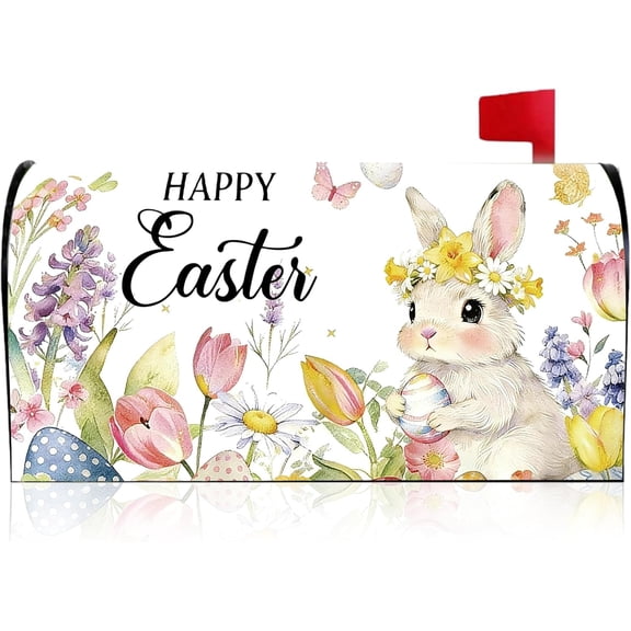 Easter Mailbox Covers Magnetic Standard Size, Cute Bunny Floral Mail Box Cover with Magnet, Rabbit Eggs Post Letter Box Covers for Easter Spring Holiday Outdoor Garden Yard Home Decoration 21"x18"