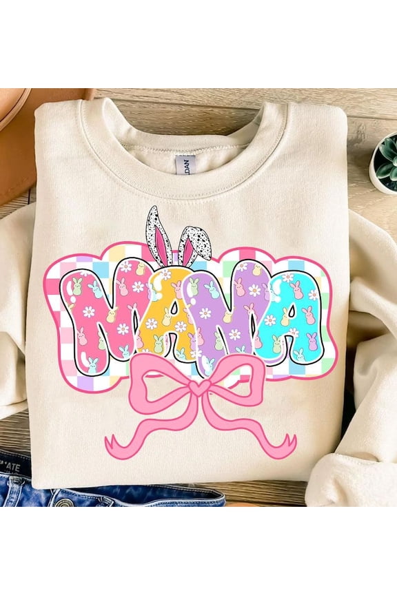 Easter Mama Bunny Coquette Sweater, Checkered Pastel Varsity Glitter Bow Preppy Easter Sweatshirt