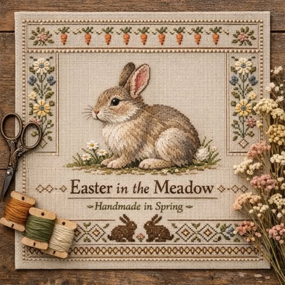 Easter Meadow Cross Stitch Embroidery Kit, Complete DIY Needlepoint Craft Set for Adults and, Full Sewing Supplies for Wall Art and Home Decor, Creative Easter Handmade Project, Brown