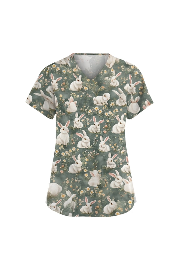 Easter Medical Scrubs Women Bunny Eggs Printed Stretch Fashion Nurse Working Uniform, Cozy V Neck Short Sleeve Pocket Tunic Tops Army Green XXL
