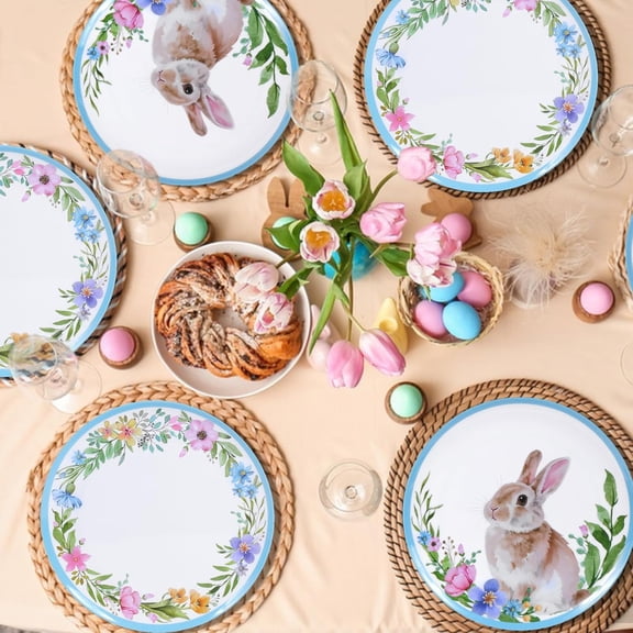 Easter Melamine Dinner Dishes Set - Unbreakable Plates for Holiday Spring Party, Lightweight Durable Tableware Set with Bunny Pattern