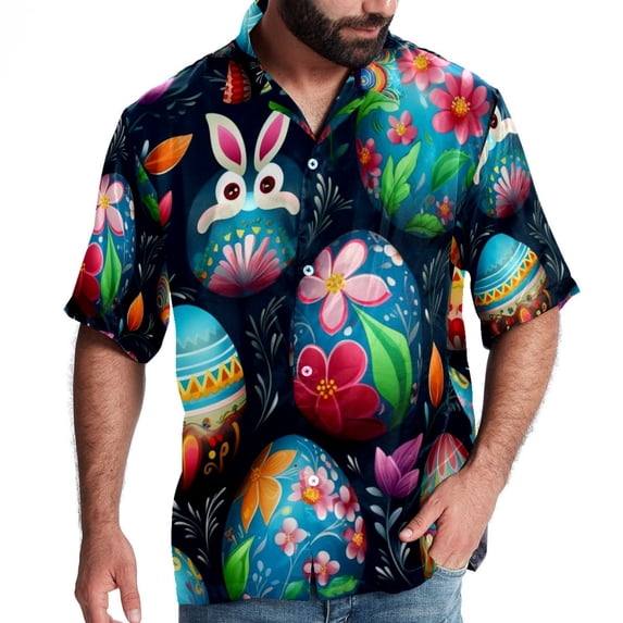 Easter Men's Casual Hawaiian Button Down Short Sleeve Summer Beach Printed Shirt