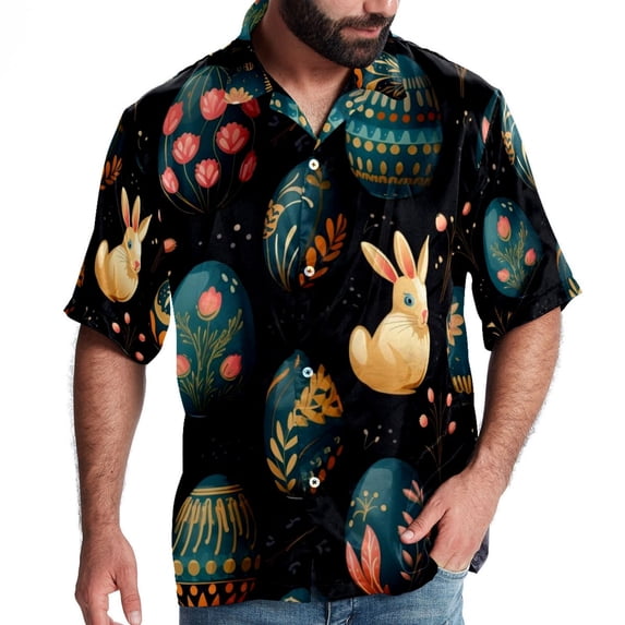 Easter Men's Short Sleeve Printed Poplin Shirt with Spread Collar Tops - Casual Button Down Summer Beach Shirt for Men and Women